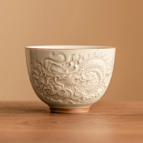 Taza De Té De Cerámica Con Relieve De Dragón Porcelana Celadón China Taza Maestro Kung Fu Artesanía Tradicional