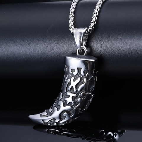 Collar Colgante Diente De Lobo Acero Inoxidable Hueco Tótem Tallado Retro Vintage Gótico Punk Joyería Hombre Regalo