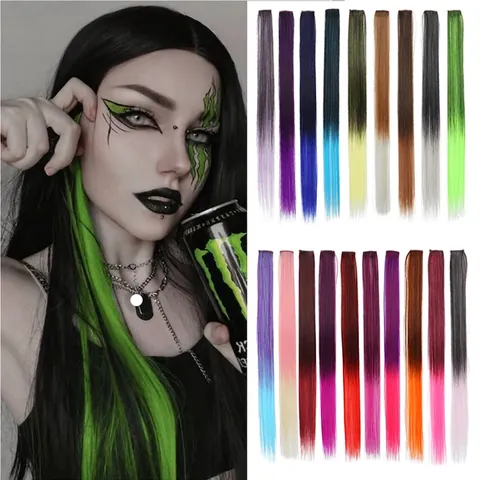 Colorful Clip In Hair Extensions High Temp Synthetic Fiber Gradient Ombre Long Straight Hairpiece Women Party Cosplay