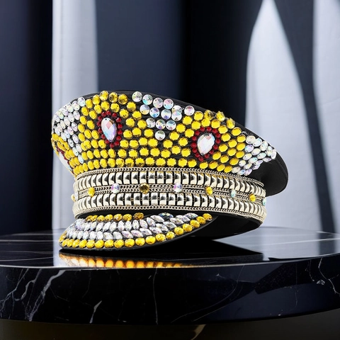 Cappello Militare Da Capitano Con Strass Per Donne Scintillante Borchiato Festa Performance Rave Festival Flat Top
