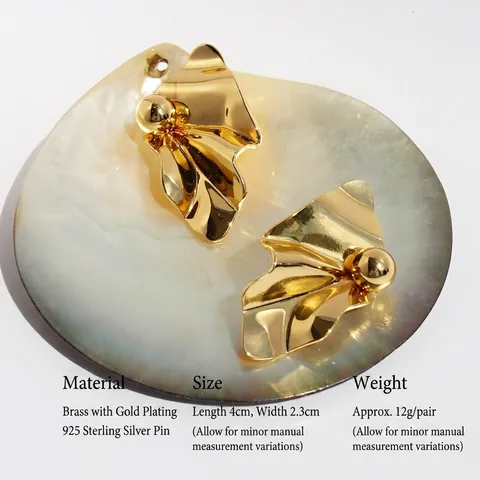 Irregular Crumpled Leaf Stud Earrings With 925 Sterling Silver Earring Post Brass Gold Plated Geometric Jewelry For Women