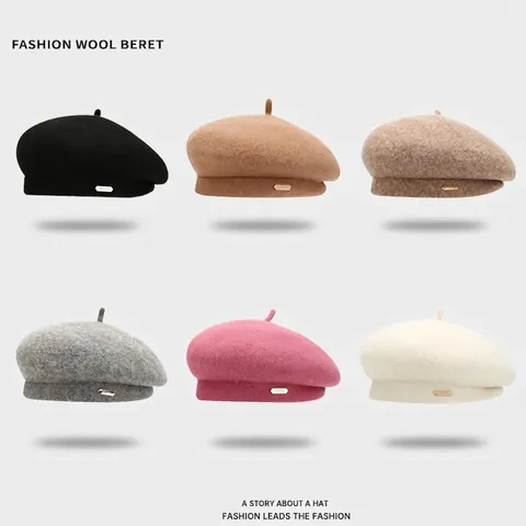 Damen Vintage Wolle Barett Hut Warm Winter Einfarbig Maler Kappe Mit Metall Abzeichen Britische Retro Mode Kopfbedeckung Zubehör