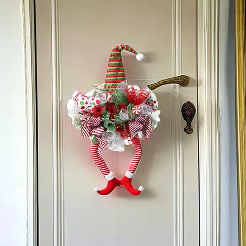Corona De Elfo De Navidad Decoración Rayas Rojas Verdes Cinta De Malla Piernas Largas Adorno Colgante Decoración De Puerta