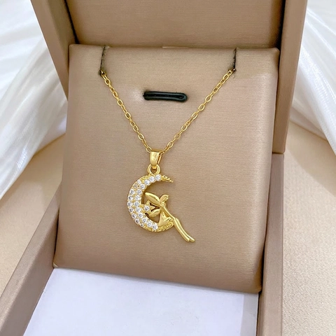 Mondfee Anhänger Halskette Edelstahl Kette Kupfer Mikro Pave Zirkon Eleganter Romantischer Schmuck Für Damen