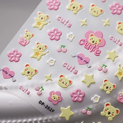 5D Relief Nail Art Stickers Cute Cartoon Bear Heart Flower Pattern Puffy Self Adhesive Manicure Decals For Girls