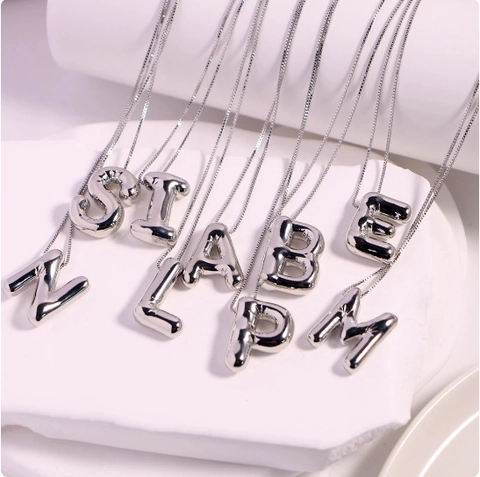 3D Puffy Buchstaben Halskette Initialen Anhänger Kupfer Spiegelglanz Box Kette Moderne Alphabet Schmuck Für Damen Silber