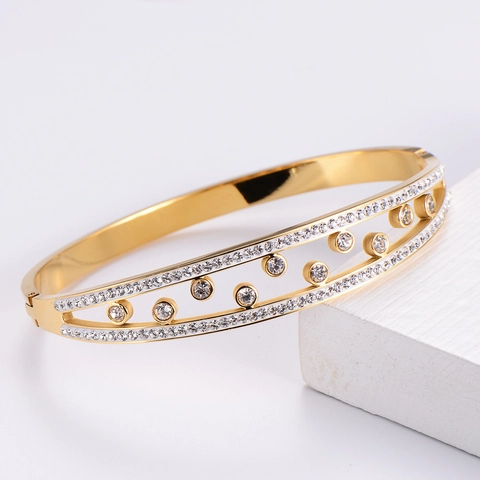 Bracciale Rigido In Acciaio 316L Placcato Oro 18K Zirconia Traforata Anello Scorrevole Regalo Di Natale Per Donna