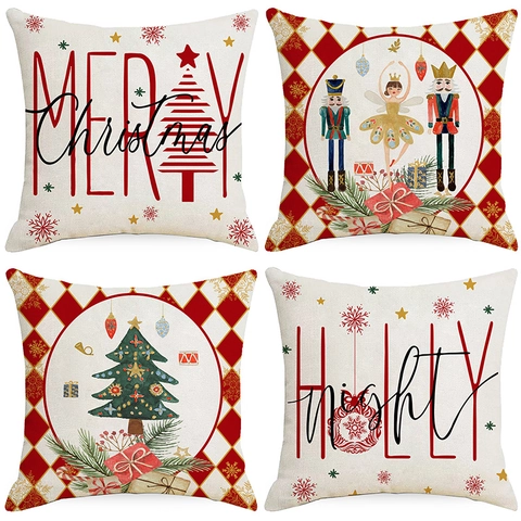 Fundas De Almohada De Navidad Fundas De Cojín Mezcla De Lino Estampado Cascanueces Para Sofá Hogar Decoración Festiva
