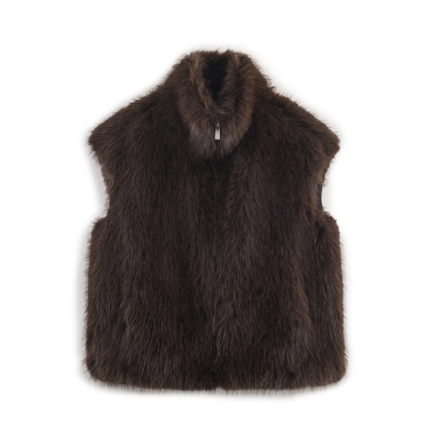 Women Faux Fur Vest Stand Collar Zipper Sleeveless Waistcoat Solid Coffee Polyester Warm Autumn Winter Casual Outerwear