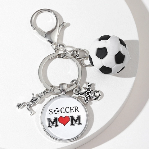 Soccer Keychain With Metal Player Silhouette Plastic Football And Glass Charm Pendant Sport Fan Soccer Mom Gift Silver