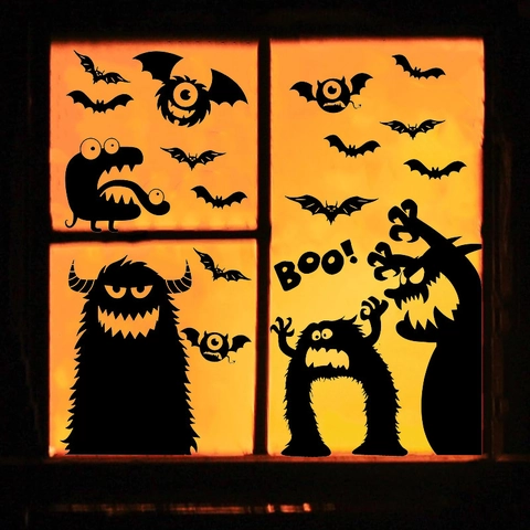 Halloween Window Stickers Black Monster Silhouette Bat Boo PVC Static Cling Decals Party Home Decor