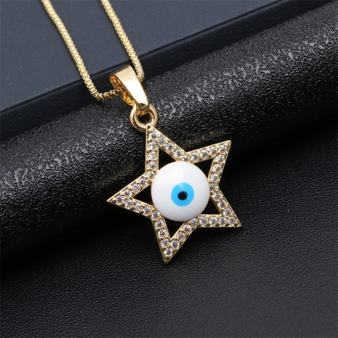 Gold Plated Evil Eye Pendant Necklace For Women Men Copper Zirconia Heart Star Hamsa Hand Geometric Fashion Jewelry Box Chain Necklace
