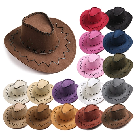 Retro Western Cowboy Hat Suede Texture Wide Brim Sun Hat With Adjustable Wind Rope Cross Stitch Decor For Carnival Party