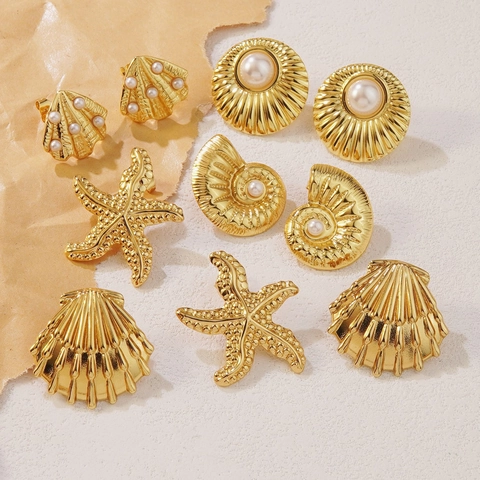 Stainless Steel Earrings Sea Shell Starfish Flower Heart Geometric Vintage Fashion Gold Plated Jewelry For Women