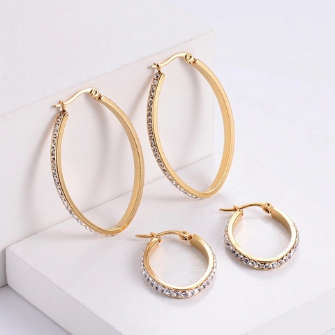 Orecchini A Cerchio Ovali Placcati Oro 18K Acciaio Al Titanio Con Intarsi In Strass Gioielli Di Moda Per Donna