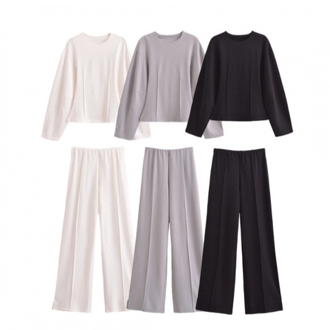Damen Oberteil Mit Rundhalsausschnitt Und Langen Ärmeln Und Weite Hose Polyester Satin Optik Plissee Schlitz Lässig