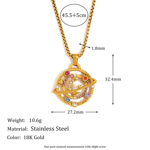Kompass Anhänger Halskette Edelstahl 18K Vergoldet Bunte Zirkonia Himmlisches Mond Stern Sonne Design Für Damen