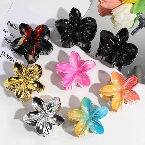 Flower Hair Claw Clip Metallic Iridescent Gradient Plumeria Hair Accessory Resin Alloy Nonslip Hair Clamp For Women