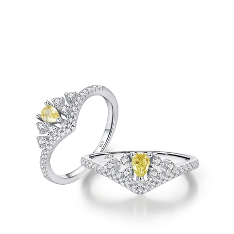 925 Sterling Silber Kronenring Birnenschliff Gelber Zirkon Wassertropfen V-Form Eleganter Modeschmuck Für Damen