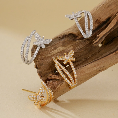 S925 Sterling Silver Butterfly Stud Earrings French Design Zirconia Inlaid Gold Silver Plated Elegant Fashion Jewelry For Women