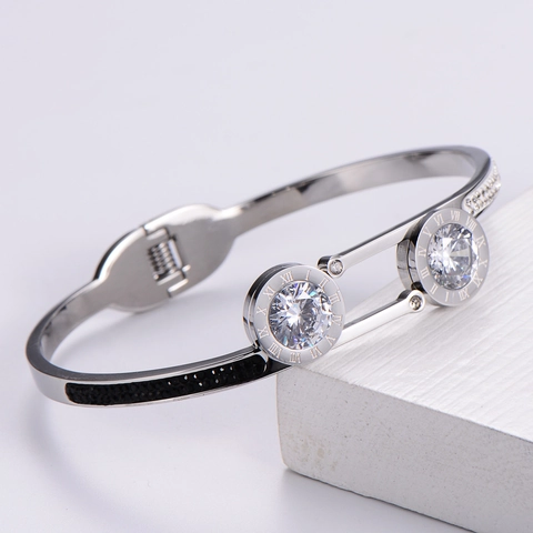 Bracciale Rigido In Acciaio Inossidabile Da Donna Con Numeri Romani Zircone Rotondo Strass Nero Bianco Gioielli Moda