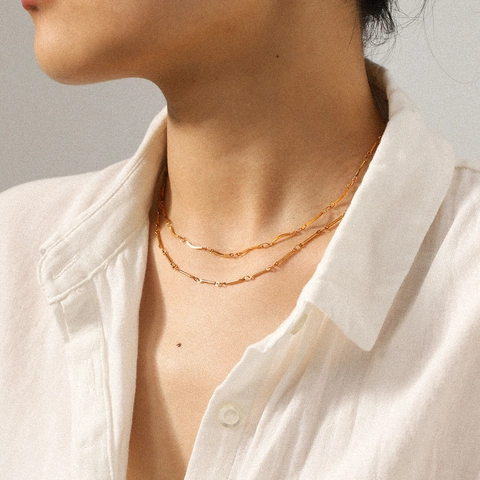 Stainless Steel Layered Necklace Gold Plated Minimalist Curved Bar Handmade Chain Jewelry For Women