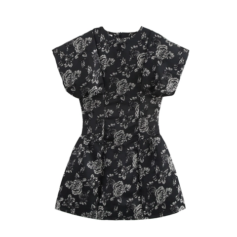 Robe Courte Jacquard Rose Vintage Manches Courtes Taille Haute Ligne A Style Élégant Fermeture Éclair Dos Femmes