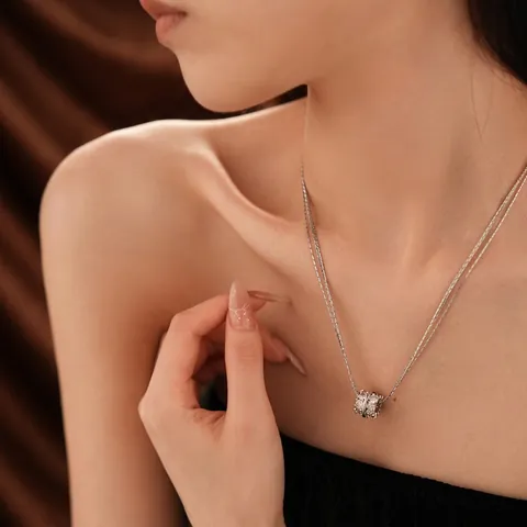 Geometric Cylinder Pendant Double Layer Necklace Copper Zircon Inlaid Elegant Fashion For Women Silver Color