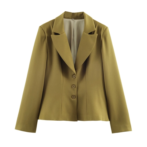 Olijfgroene Dames Blazer Lange Mouwen Revers Slim Fit Polyester Kantoor Zakelijk Casual Elegante Jas