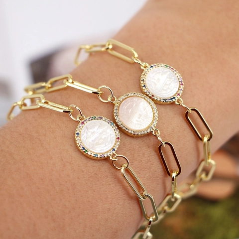 Bracciale Vintage Religioso con Ciondolo a Moneta Vergine Maria per Donna Catena a Graffetta Oro Madreperla Intarsiata Zirconia