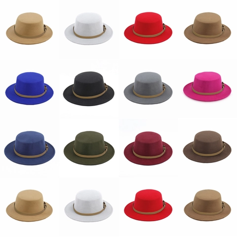 Vintage Flat Top Boater Hat Wide Brim Polyester Felt Jazz Cap With Leather Belt Buckle Decoration Elegant British Style
