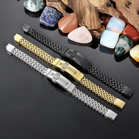 Bracciale Croce Hip Hop Da Uomo Acciaio Inossidabile 316L Catena Intrecciata Piastra Curva Gioielli Rock Punk