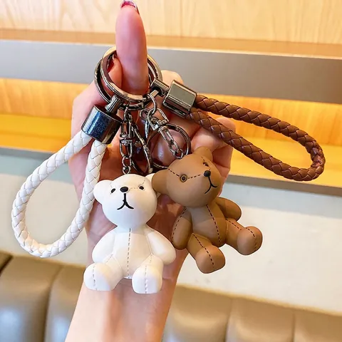 Cartoon Beer Sleutelhanger Met Gevlochten Kunstleren Band Hars Teddybeer Auto Sleutelring Voor Rugzak Charm Cadeau