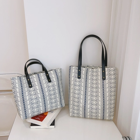 Women French Floral Stripe Cotton Canvas Tote Bag With PU Leather Handle Large Capacity Literary Vintage Handbag