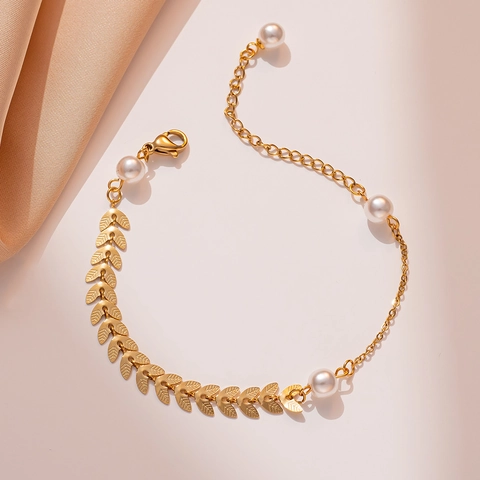 Elegant Titanium Steel Wheat Ear Leaf Charm Bracelet For Women Gold Plated With Artificial Pearl Fashion Jewelry Accessory Gift
