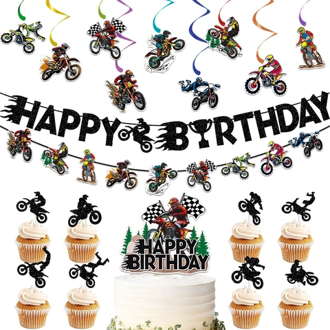 Motocross Birthday Party Decoration Black Glitter Paper Banner PVC Hanging Swirls Cake Toppers Racing Motorbike Theme Decor