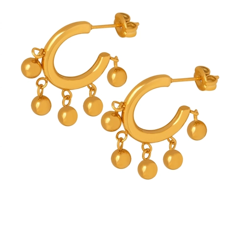 Titanium Steel C-Shaped Hoop Earrings Gold Plated Bead Tassel Retro Fashion Jewelry Accessories For Women