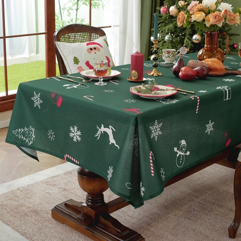 Nappe De Noël Rectangulaire Polyester Imperméable Festive Motif Renne Flocon De Neige Pour Décoration De Table De Fête