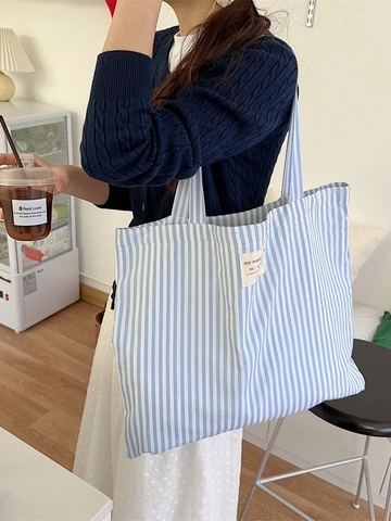 Borsa Tote In Tela A Righe Grande Capacità Borsa A Spalla Casual Per Uso Quotidiano Ufficio Scuola