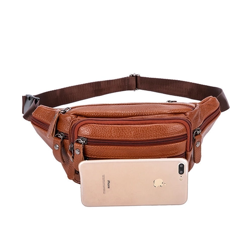 Genuine Leather Waist Bag Men Fanny Pack Top Layer Cowhide Lychee Texture Multi Pocket Retro Outdoor Sports Travel