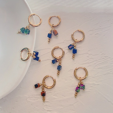Natural Stone Hoop Ohrringe Edelstahl 18K Vergoldet Quadratisch Edelstein Anhänger Französischer Retro Stil Für Frauen