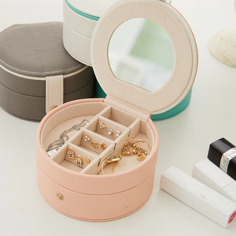 Portable Jewelry Box Round Double Layer PU Leather Travel Organizer Storage With Mirror Snap Closure Elegant Simple