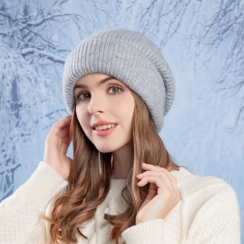 Winter Knitted Beanie Hat Warm Acrylic Ribbed Cuff Pullover Slouchy Cap For Women Outdoor Cold Weather