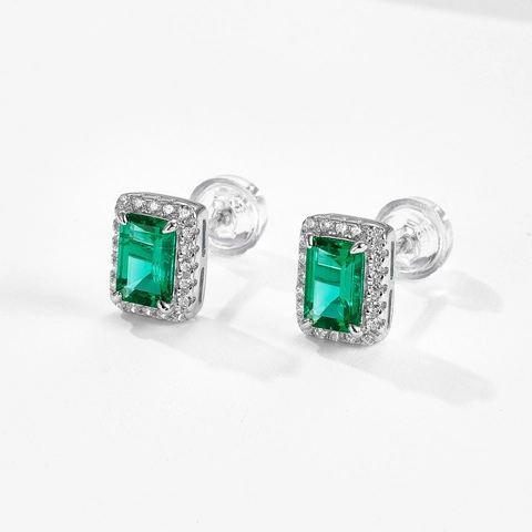 S925 Sterling Silver Synthetic Emerald Stud Earrings Geometric Retro Luxurious Rhinestone Inlaid Green Gemstone For Women