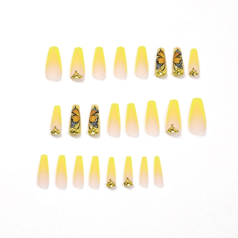 Schmetterling Strass Press On Nagels Geel Gradiënt Lange Coffin Franse Stijl Kunstnagels Voor Dames