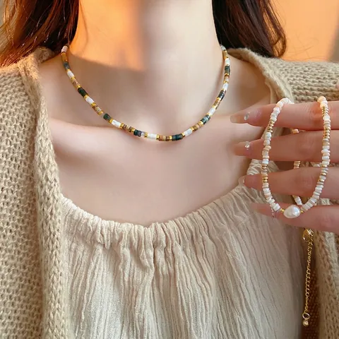 Handmade Beaded Necklace With Freshwater Pearl And Shell Gold Plated Copper Clavicle Chain Vintage Bohemian Style For Women