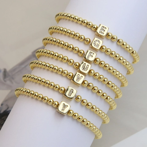 18K Gold Plated Copper Beaded Elastic Bracelet With Rhinestone Square Initial Letter Personalized Trendy Jewelry For Women