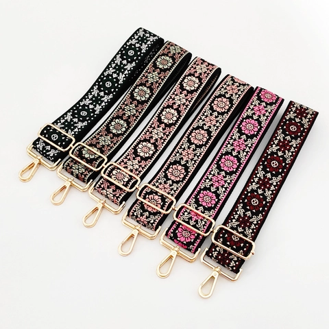 Adjustable Bag Strap Replacement Wide Shoulder Belt Ethnic Jacquard Embroidery Floral Fabric Alloy Hardware For Handbags