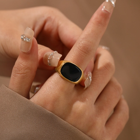 Signet Ring Stainless Steel Black White Inlay Minimalist Geometric Gold Plated Fashion Jewelry For Women Men