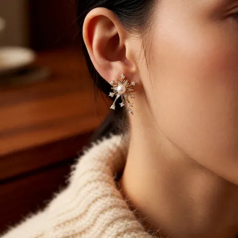 Orecchini A Perla Artificial Fiocco Di Neve Con Zirconia E Perno In Argento Vintage Lusso Francese Gioielli Da Festa Per Donne